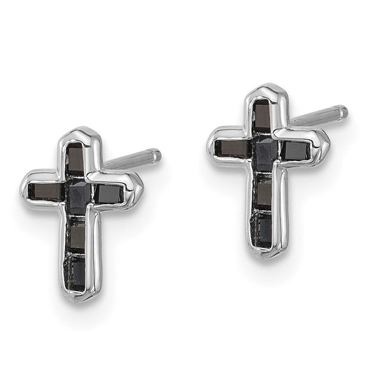 Rhodium-plated Sterling Silver Black Spinel Cross Post Earrings