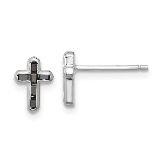 Rhodium-plated Sterling Silver Black Spinel Cross Post Earrings