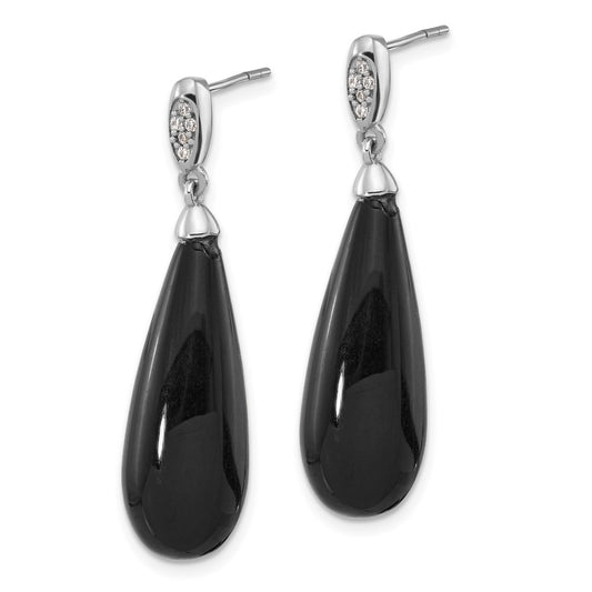 Rhodium-plated Sterling Silver Polished Teardrop Onyx & CZ Post Dangle Earrings