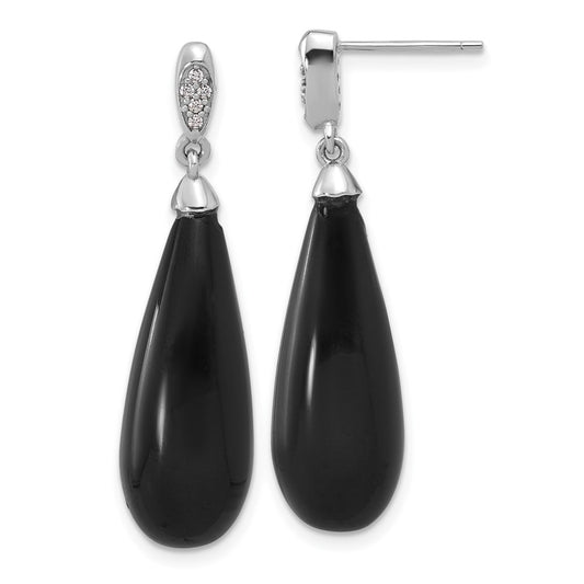 Rhodium-plated Sterling Silver Polished Teardrop Onyx & CZ Post Dangle Earrings