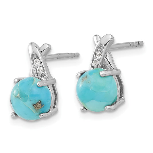 Rhodium-plated Sterling Silver CZ and Reconstituted Turquoise Post Earrings