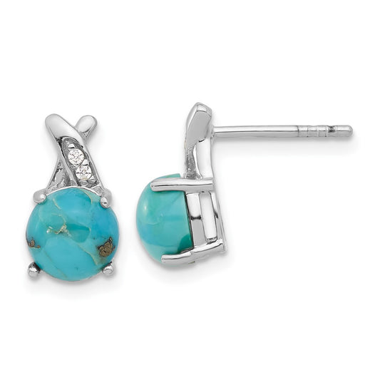 Rhodium-plated Sterling Silver CZ and Reconstituted Turquoise Post Earrings