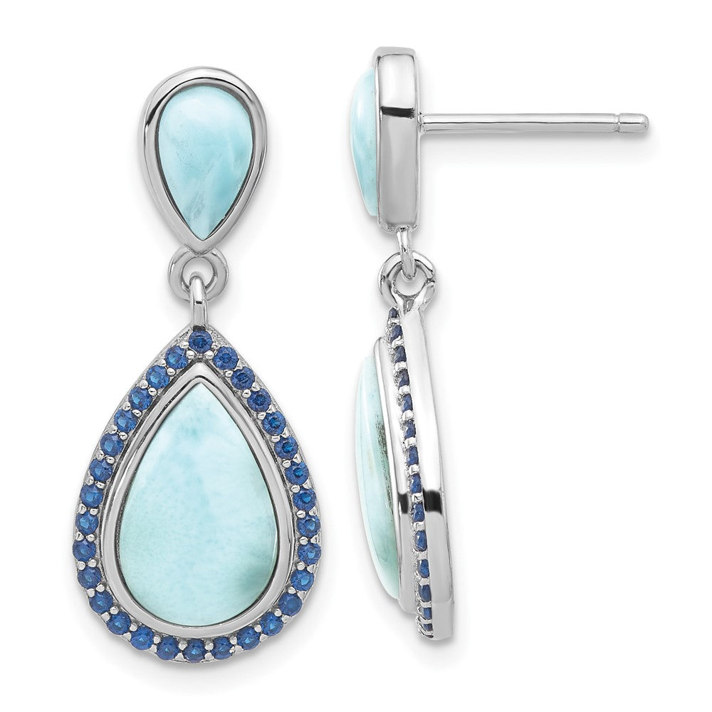 Rhodium-plated Sterling Silver Blue CZ and Larimar Post Dangle Earrings