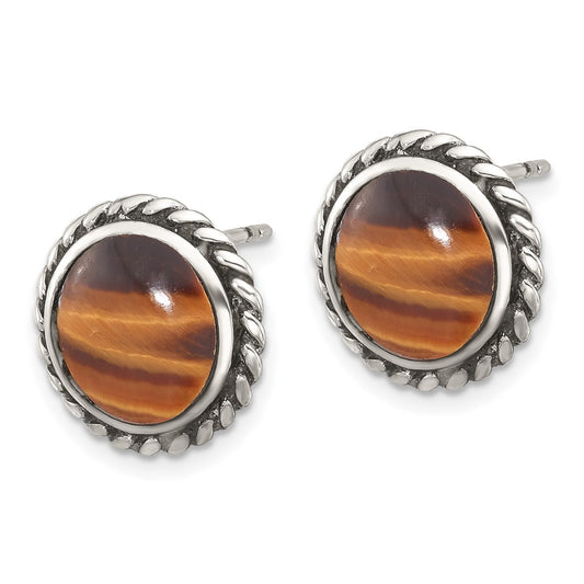Sterling Silver Oxidize and Polished Tiger's Eye Post Earrings