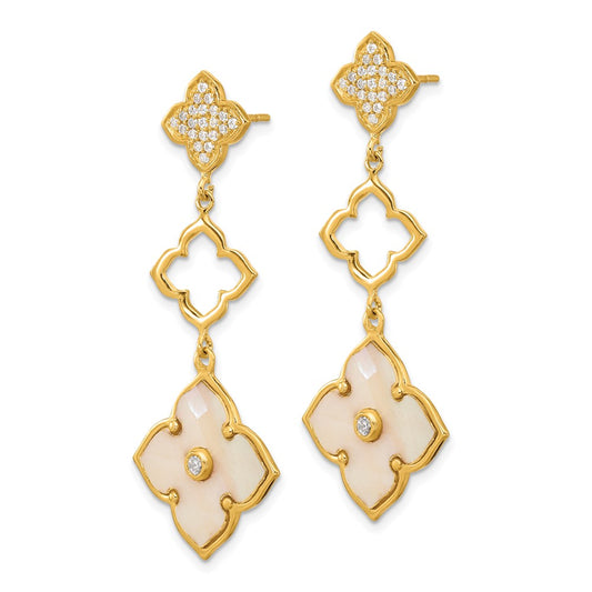 Yellow Gold-plated Sterling Silver Polished MOP and CZ Floral Dangle Earrings