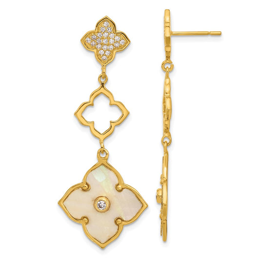 Yellow Gold-plated Sterling Silver Polished MOP and CZ Floral Dangle Earrings