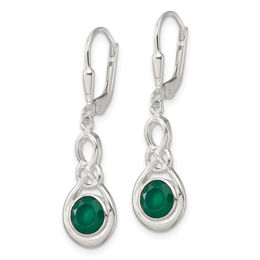 Sterling Silver Polished Green Onyx Knot Leverback Dangle Earrings