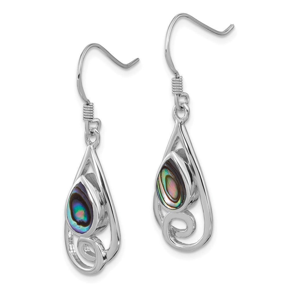 Rhodium-plated Sterling Silver Polished Teardrop with Swirl Abalone Earrings