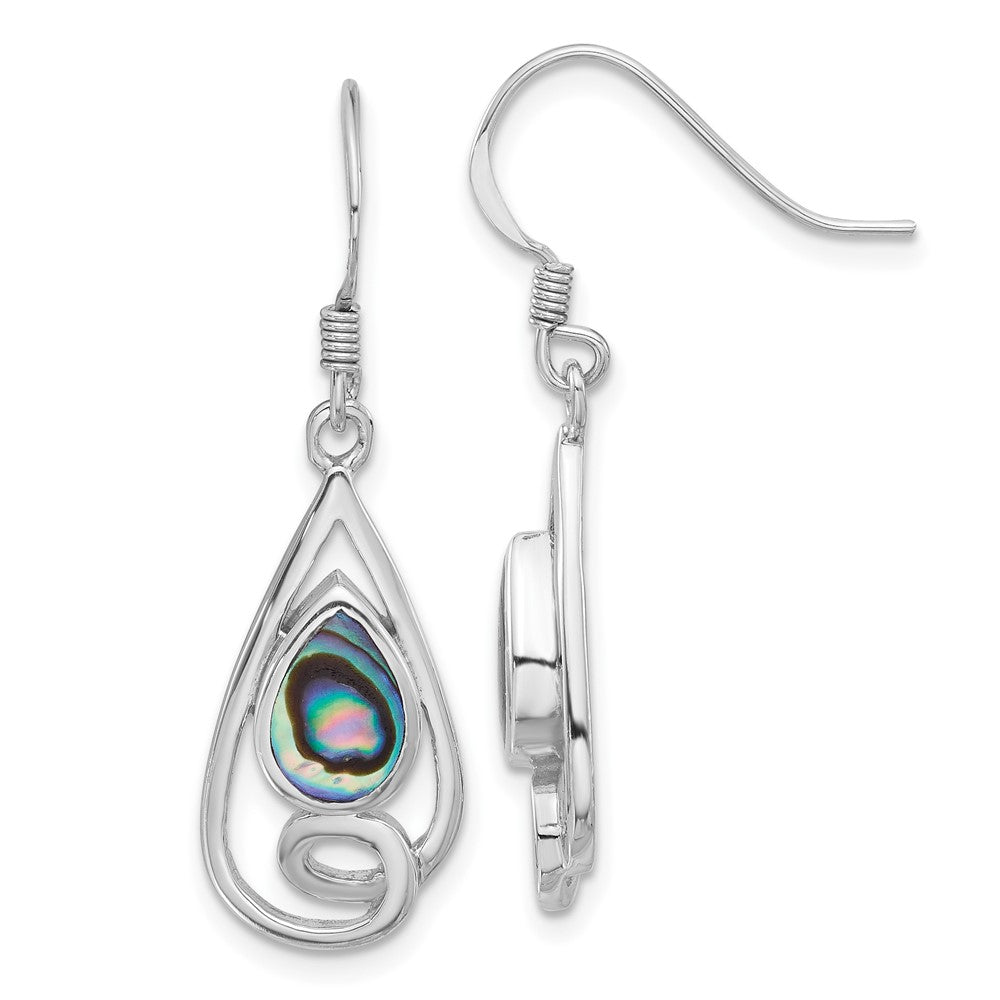 Rhodium-plated Sterling Silver Polished Teardrop with Swirl Abalone Earrings