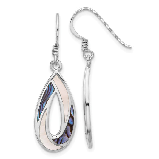 Rhodium-plated Sterling Silver Polished Teardrop Abalone with MOP Earrings