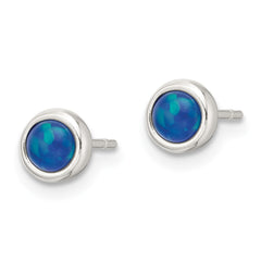 Sterling Silver Polished Blue Cabochon Opal Bezel Stud Earrings