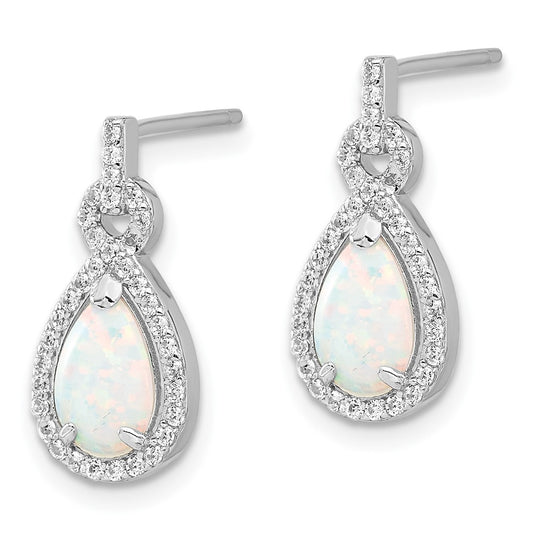 Rhodium-plated Sterling Silver Created Opal and CZ Post Earrings