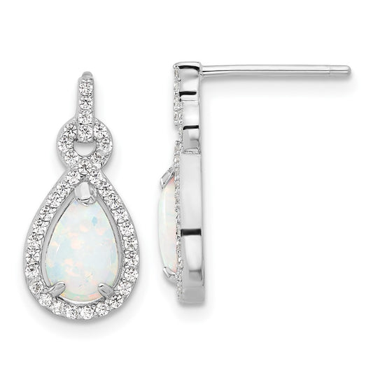 Rhodium-plated Sterling Silver Created Opal and CZ Post Earrings