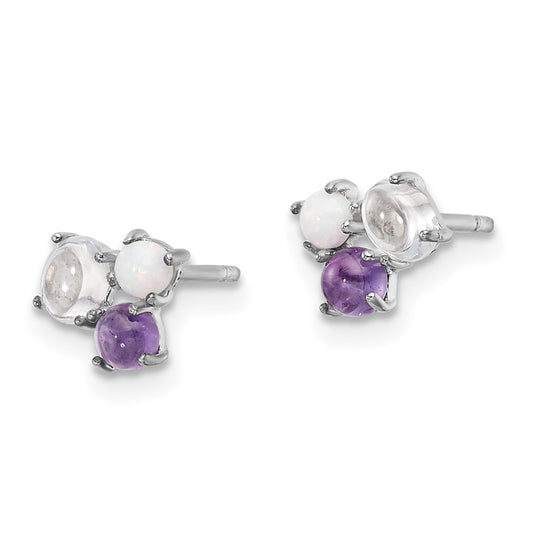 Rhodium-plated Sterling Silver CZ Created Opal & Amethyst Post Earrings