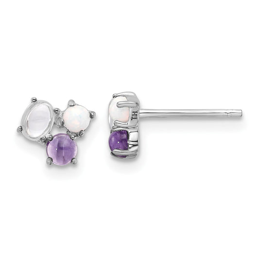 Rhodium-plated Sterling Silver CZ Created Opal & Amethyst Post Earrings