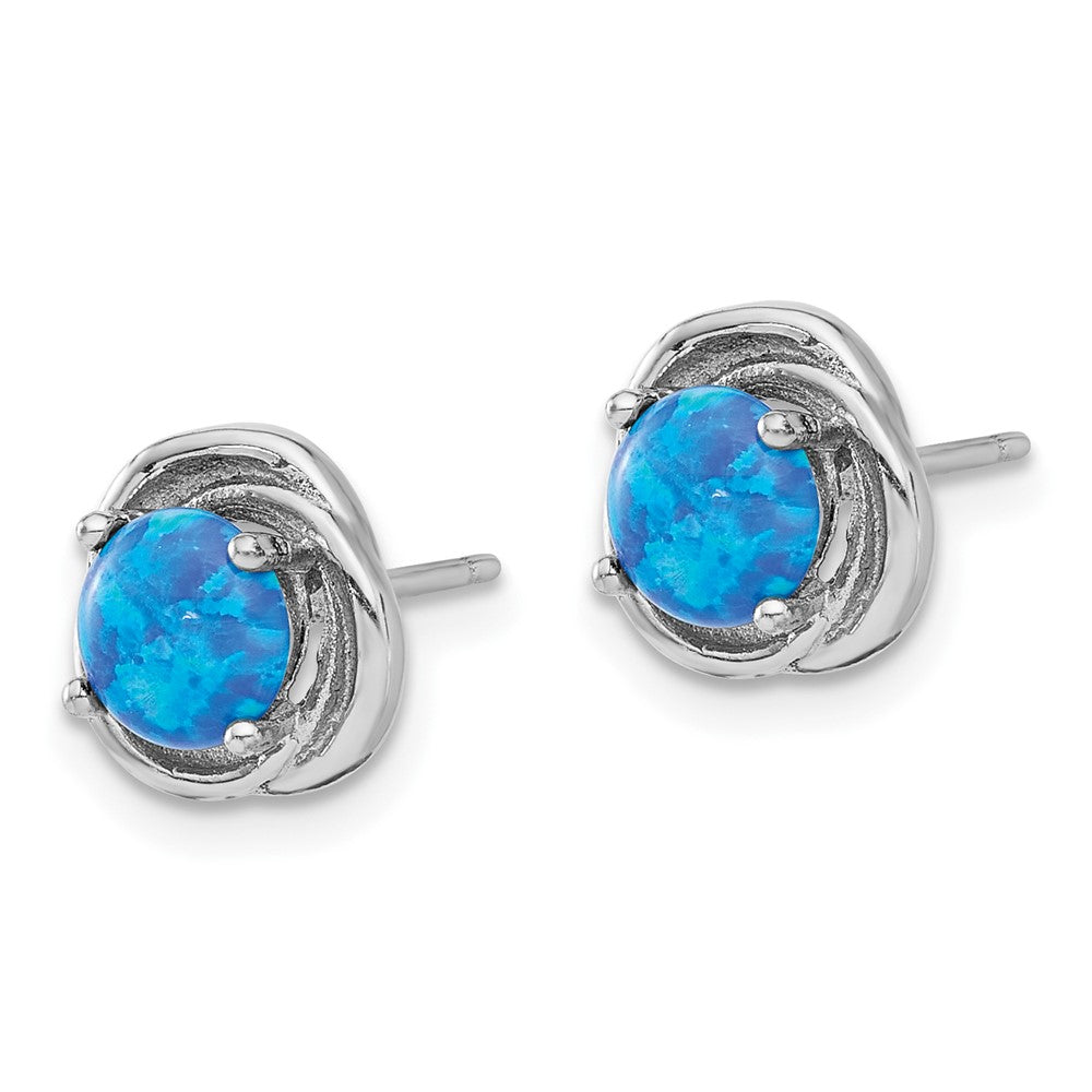 Rhodium-plated Sterling Silver Swirl Blue Created Opal Post Earrings