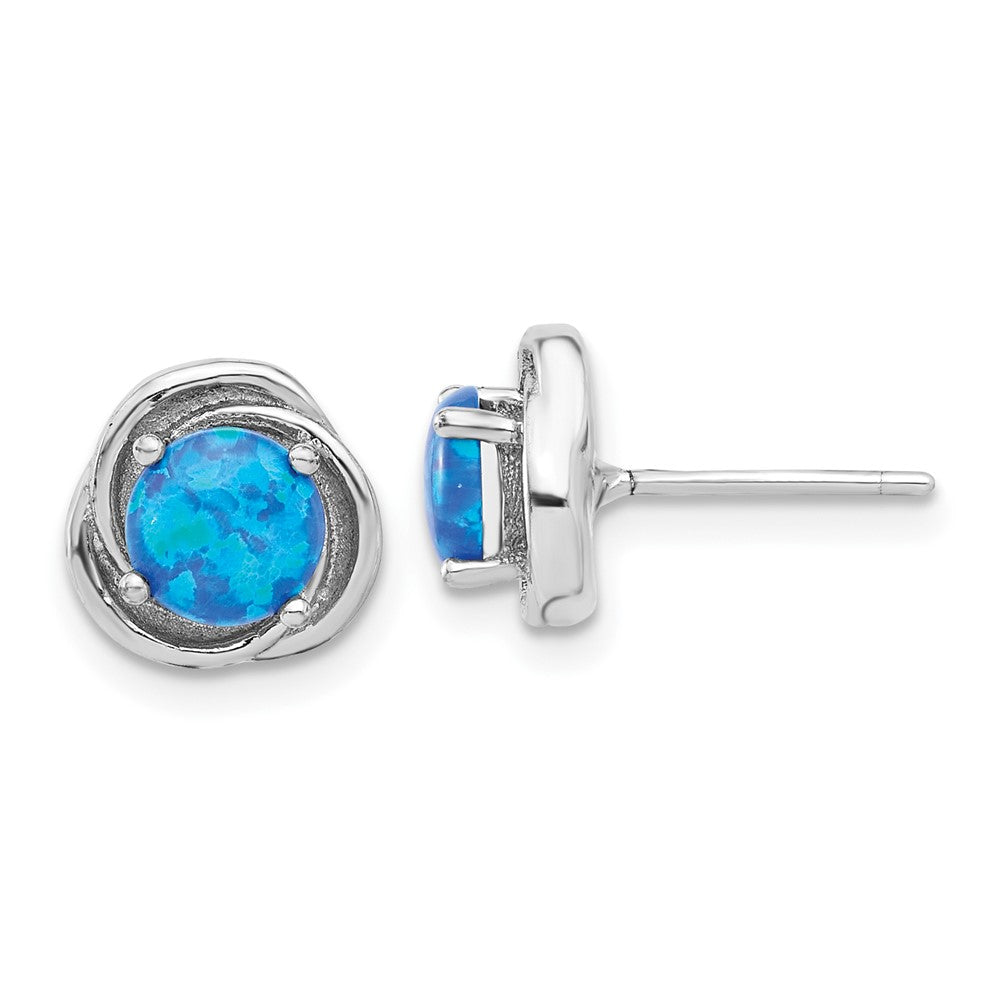 Rhodium-plated Sterling Silver Swirl Blue Created Opal Post Earrings