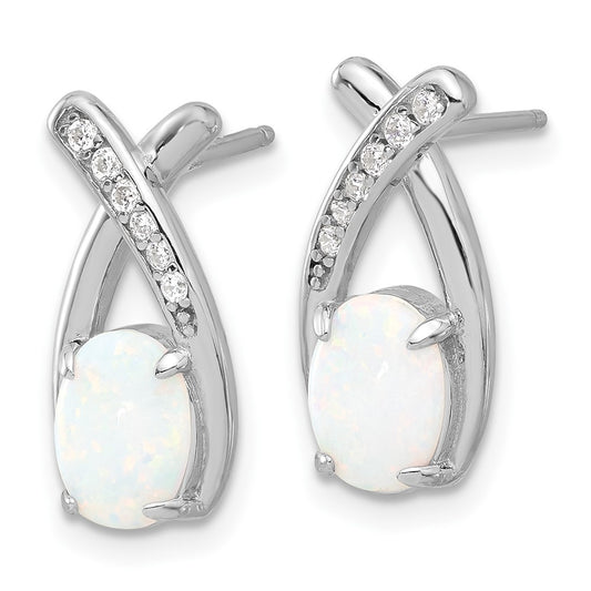 Rhodium-plated Sterling Silver CZ and White Created Opal Post Earrings