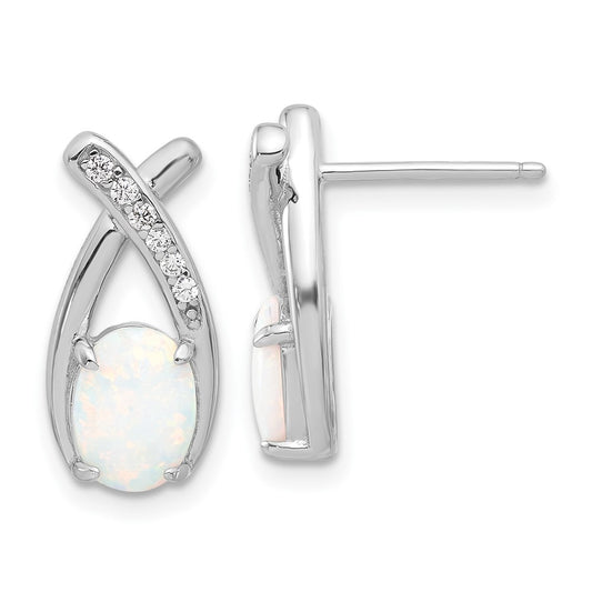 Rhodium-plated Sterling Silver CZ and White Created Opal Post Earrings