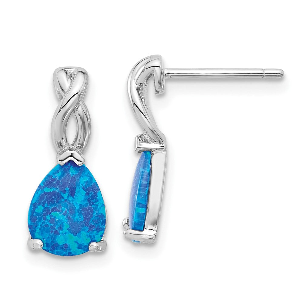 Rhodium-plated Sterling Silver Blue Created Opal Post Earrings