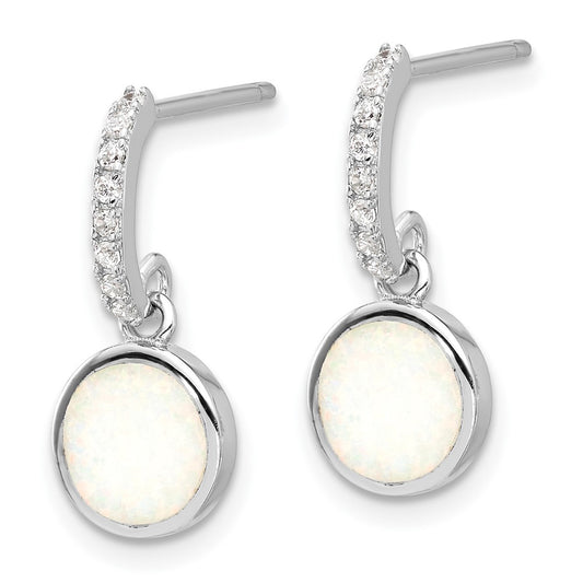 Rhodium-plated Sterling Silver CZ and Created Opal Dangle Post Earrings