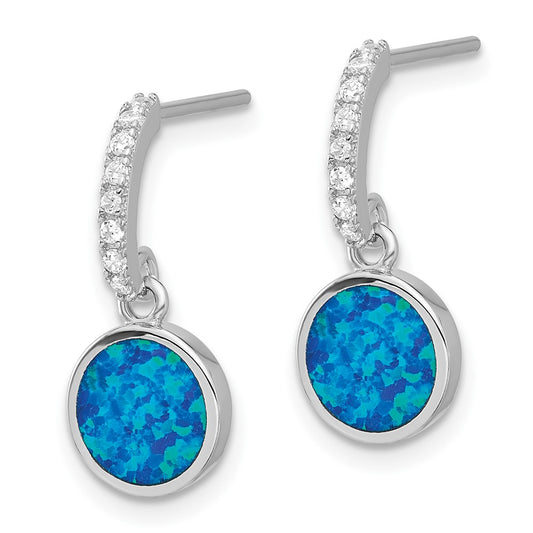 Rhodium-plated Sterling Silver CZ and Blue Created Opal Dangle Post Earrings