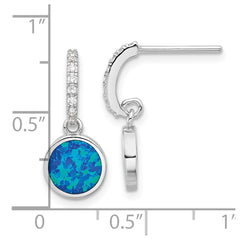 Rhodium-plated Sterling Silver CZ and Blue Created Opal Dangle Post Earrings