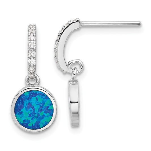 Rhodium-plated Sterling Silver CZ and Blue Created Opal Dangle Post Earrings