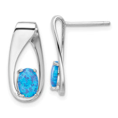 Rhodium-plated Sterling Silver Blue Created Opal Post Earrings