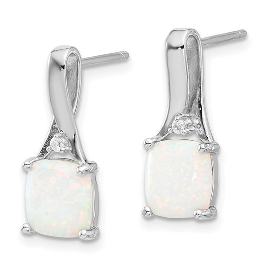 Rhodium-plated Sterling Silver CZ and White Created Opal Post Earrings