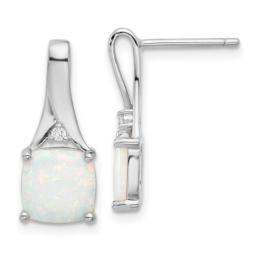 Rhodium-plated Sterling Silver CZ and White Created Opal Post Earrings