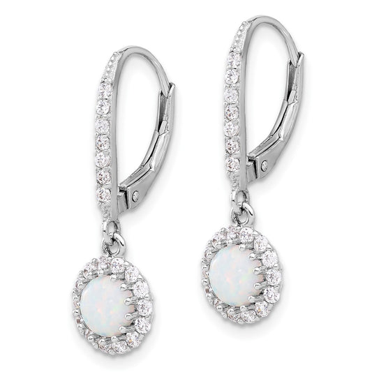 Rhodium-plated Sterling Silver CZ and Created Opal Halo Dangle Leverback Earrings