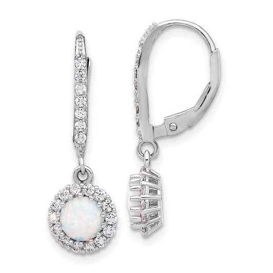 Rhodium-plated Sterling Silver CZ and Created Opal Halo Dangle Leverback Earrings