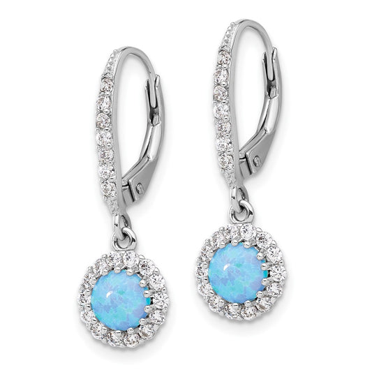 Rhodium-plated Sterling Silver CZ and Blue Created Opal Halo Dangle Leverback Earrings