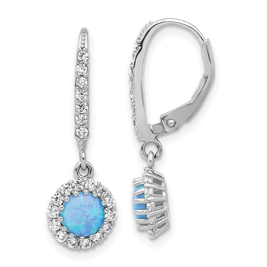 Rhodium-plated Sterling Silver CZ and Blue Created Opal Halo Dangle Leverback Earrings