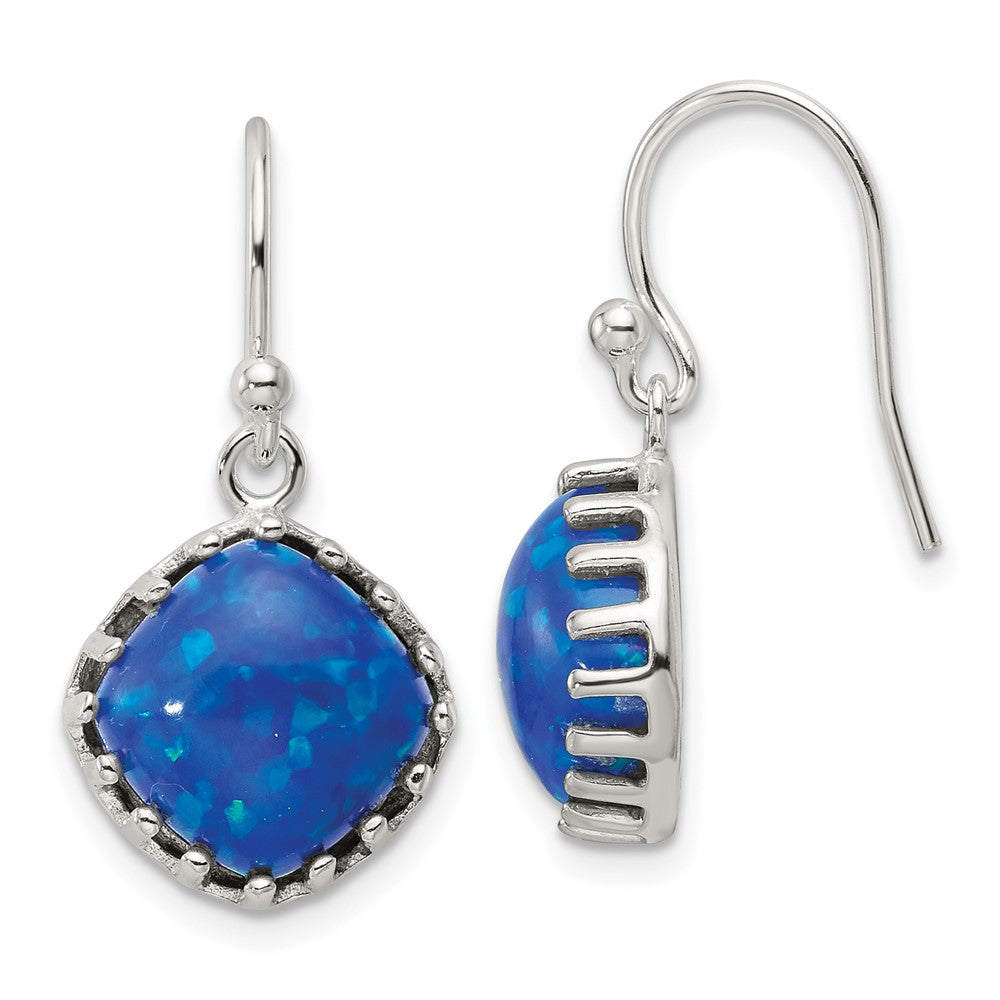 Sterling Silver Polished Blue Cabochon Opal Dangle Earrings