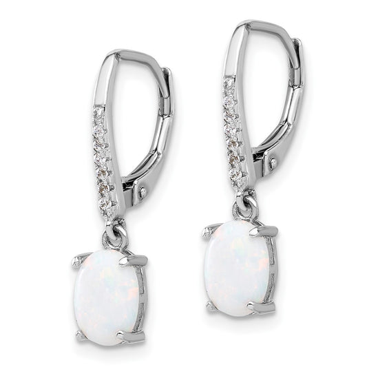 Rhodium-plated Sterling Silver CZ and Created Opal Dangle Leverback Earrings