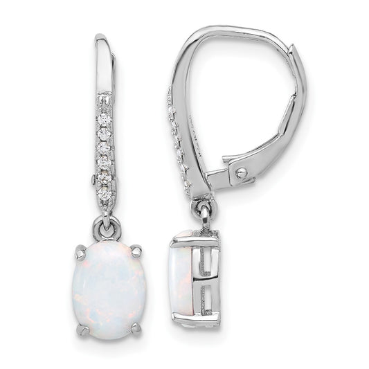 Rhodium-plated Sterling Silver CZ and Created Opal Dangle Leverback Earrings