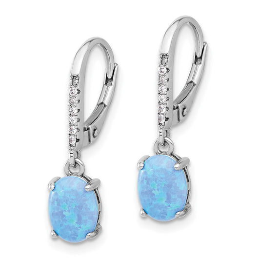 Rhodium-plated Sterling Silver CZ and Blue Created Opal Dangle Leverback Earrings