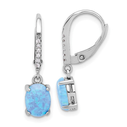 Rhodium-plated Sterling Silver CZ and Blue Created Opal Dangle Leverback Earrings