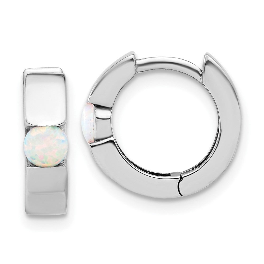 Rhodium-plated Sterling Silver 4mm Created Opal Hinged Hoop Earrings