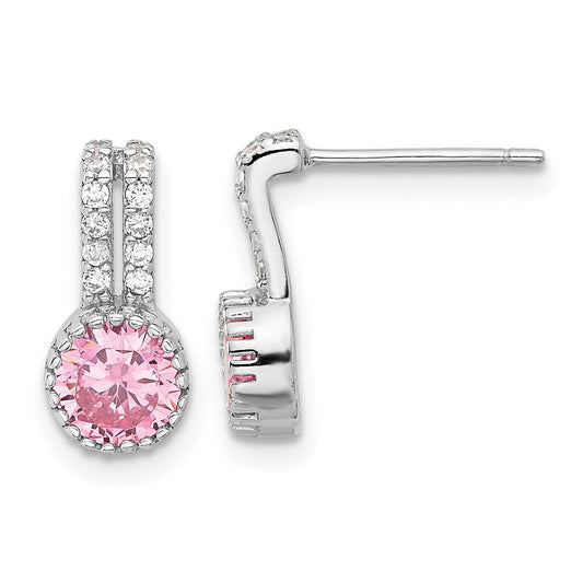 Rhodium-plated Sterling Silver Pink and White CZ Post Earrings