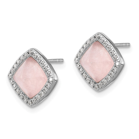 Rhodium-plated Sterling Silver CZ and Rose Quartz Post Earrings