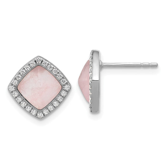 Rhodium-plated Sterling Silver CZ and Rose Quartz Post Earrings