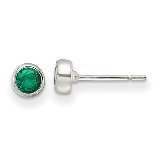 Sterling Silver Polished Green Glass Round Bezel Stud Earrings
