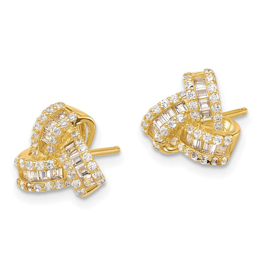 Yellow Gold-plated Sterling Silver CZ Love Knot Post Earrings