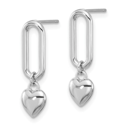 Rhodium-plated Sterling Silver Polished Link with Dangle Heart Post Earrings