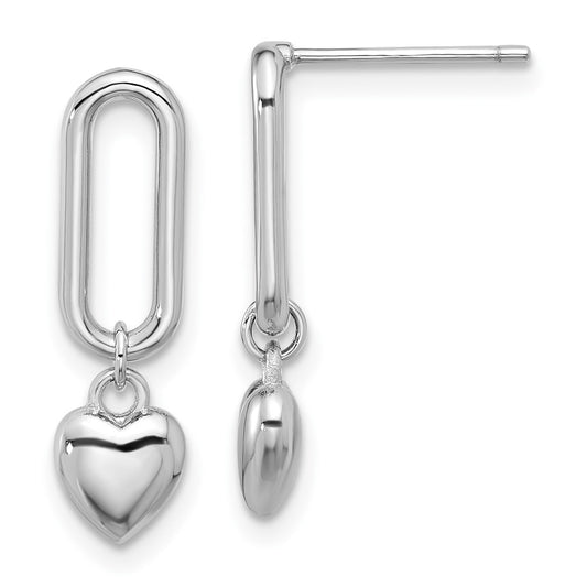 Rhodium-plated Sterling Silver Polished Link with Dangle Heart Post Earrings