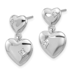 Rhodium-plated Sterling Silver Polished CZ Heart Dangle Post Earrings