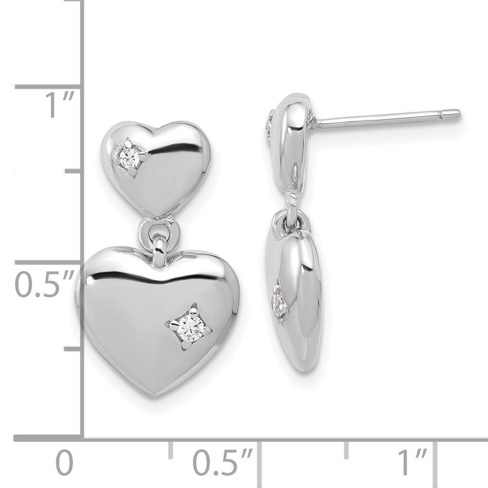 Rhodium-plated Sterling Silver Polished CZ Heart Dangle Post Earrings